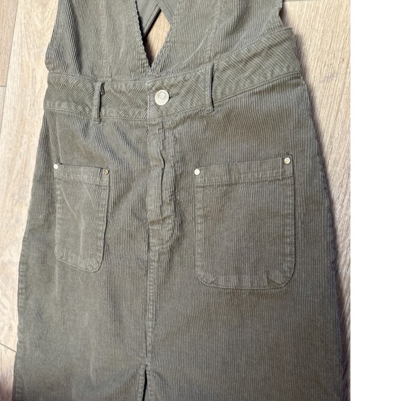 Zara Olive Green Corduroy Pinafore Midi Dress Cross Back Straps XS - Picture 3 of 5